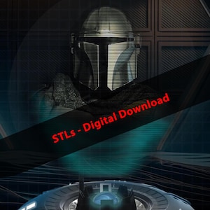 Può includere: Immagine di download digitale con un elmo Mandaloriano e una console futuristica. L'immagine ha un'estetica oscura e futuristica con il testo "STLs - Digital Download" in rosso.
