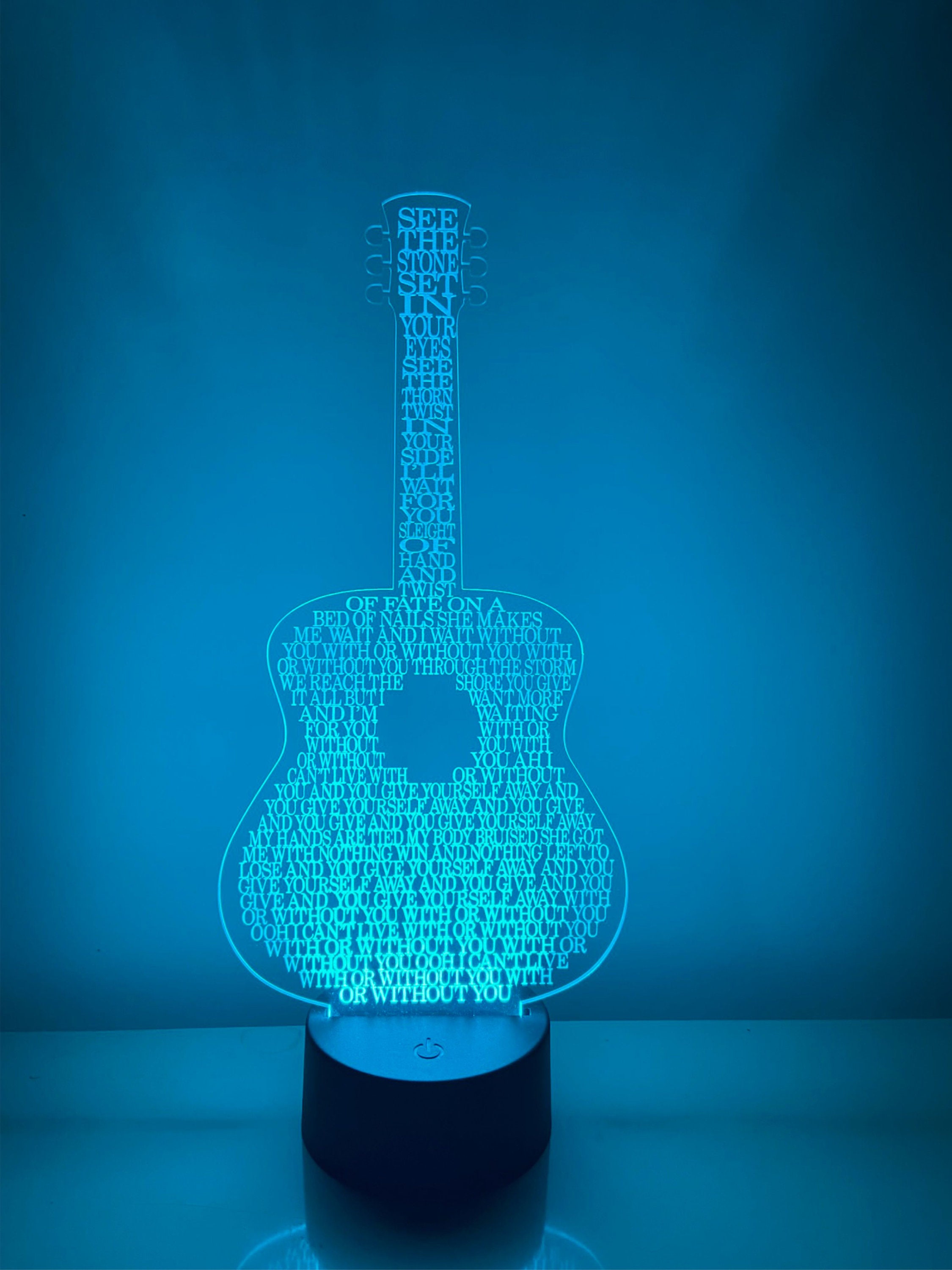 With or Without You - U2 Acrylic Guitar With Lyrics Multi-Colored LED Lamp Base