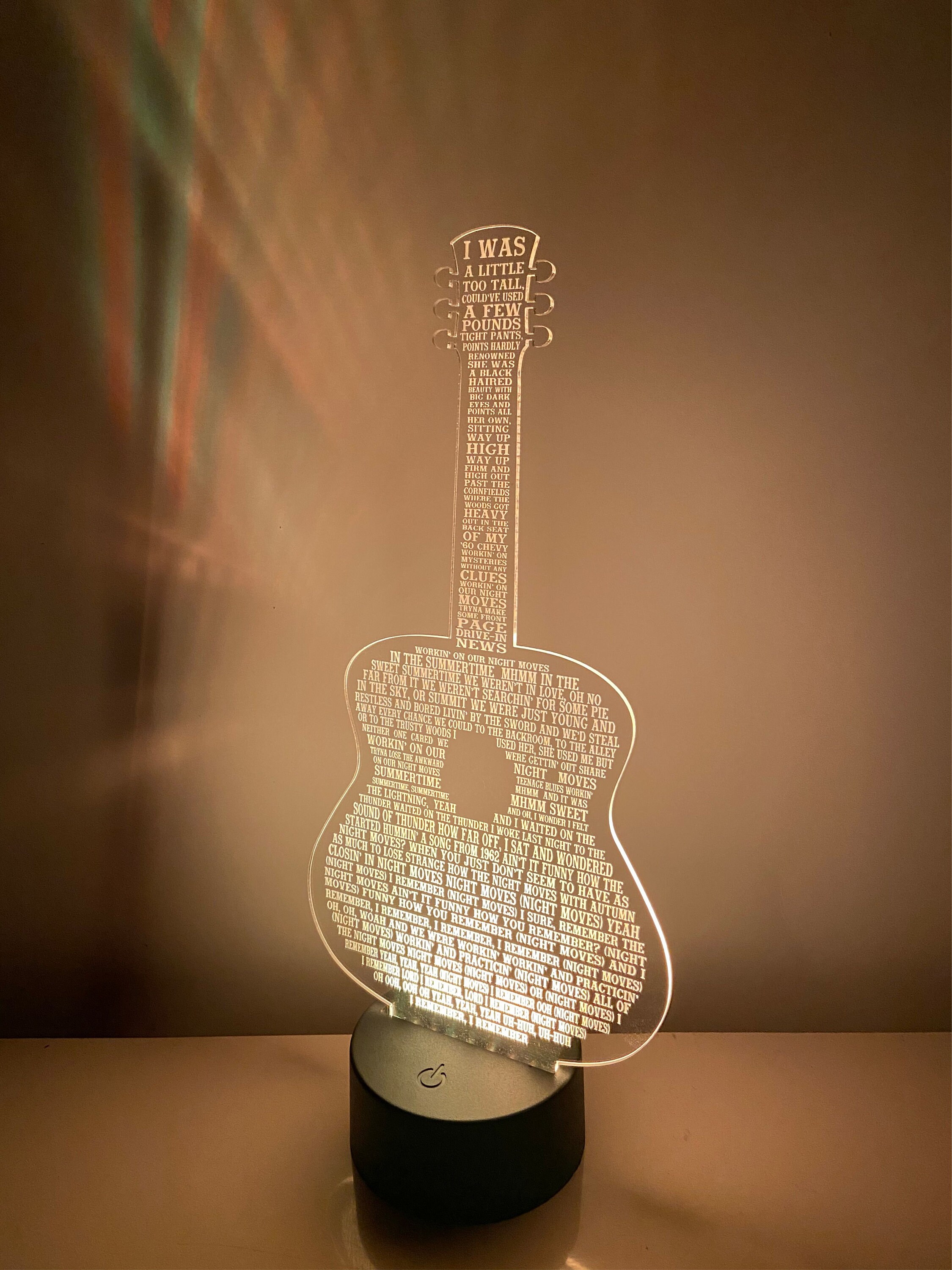 NIGHT MOVES Bob Seger Acrylic Guitar With Lyrics Multi-Colored LED Lamp Base