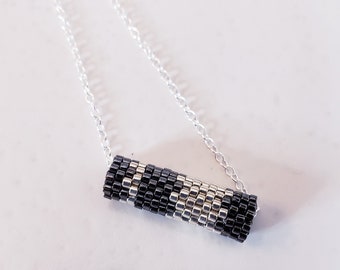 Gunmetal Beaded Barrel with Sterling Silver Chain