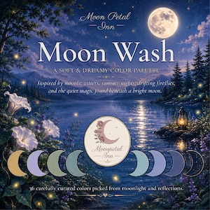 May include: A digital color palette graphic titled Moon Wash by Moon Petal Inn, featuring a night landscape with a full moon, lake, and fireflies. It displays eight crescent moon-shaped color swatches in shades of yellow, purple, green, and blue.