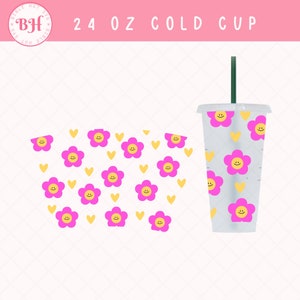 Envoltura completa Flower Smile Sin agujero SVG, Daisy Cup SVG, Envoltura completa para Venti Cold Cup 24 oz, Envoltura completa sin costuras Svg, Sin agujero Cold Cup Smiley Svg