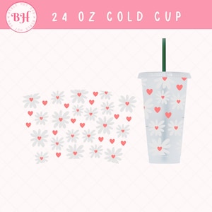 Vollwrap Gänseblümchen Kein Loch SVG, Gänseblümchen Blumenherz SVG, Venti Kalte Tasse 24 oz, Nahtlose Vollverpackung svg, Keine Loch Kalttasse Gänseblümchen Svg-Datei