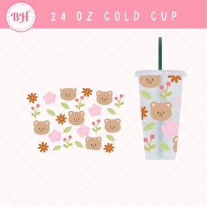 Emballage d'autocollants complet ours mignon pour coupe froide 24 OZ, tasse ours en peluche kawaii, petit ours brun dessin animé SVG, fichier coupe Animal kawaii