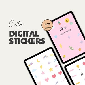 May include: A set of 153 cute digital stickers featuring a variety of designs, including rainbows, stars, hearts, clouds, lightning bolts, and more. The stickers are displayed on three different tablet screens, each with a pink background and the text "Cute Digital Stickers".