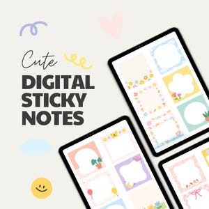 May include: A set of digital sticky notes with cute illustrations. The notes feature a variety of designs, including butterflies, flowers, stars, and a plant. The notes are perfect for organizing your thoughts and ideas.