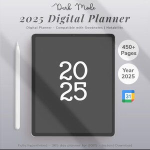 2025 Dark Mode Digital Planner, Night Mode GoodNotes, iPad Dark Planner, Black Minimalist Digital Planner