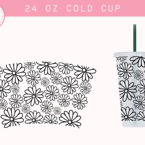 Envoltura completa Daisy sin agujero SVG, taza de margaritas SVG, envoltura completa para taza fría Venti de 24 oz, envoltura completa sin costuras Svg, archivo Dxf Svg de flores