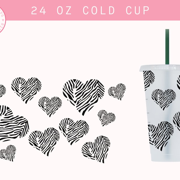 Zebra Hearts • 24oz Venti Cold Cup full wrap no hole design, Valentines Svg, Heart Svg, animal print, Valentines Print Full Wrap Svg Png Dxf