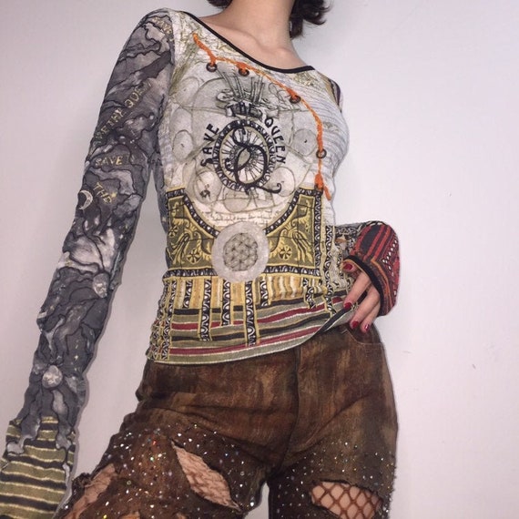 vintage Save the Queen pattern mesh long sleeve to