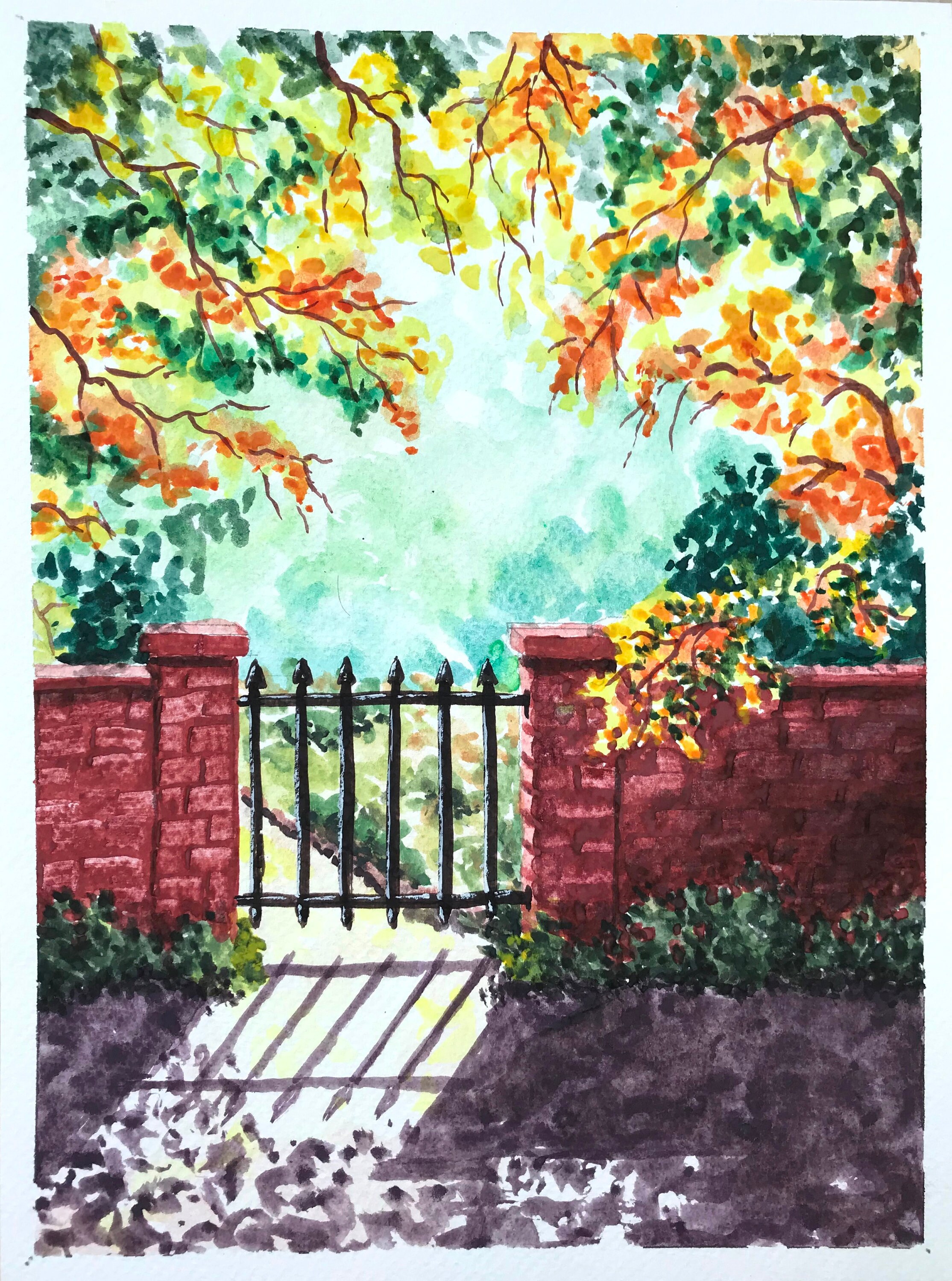 Pintura acuarela original jardín puerta puerta flores | Etsy