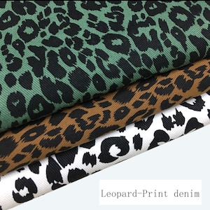 Tecido jeans de algodão com estampa de leopardo - jeans lavado por meia jarda