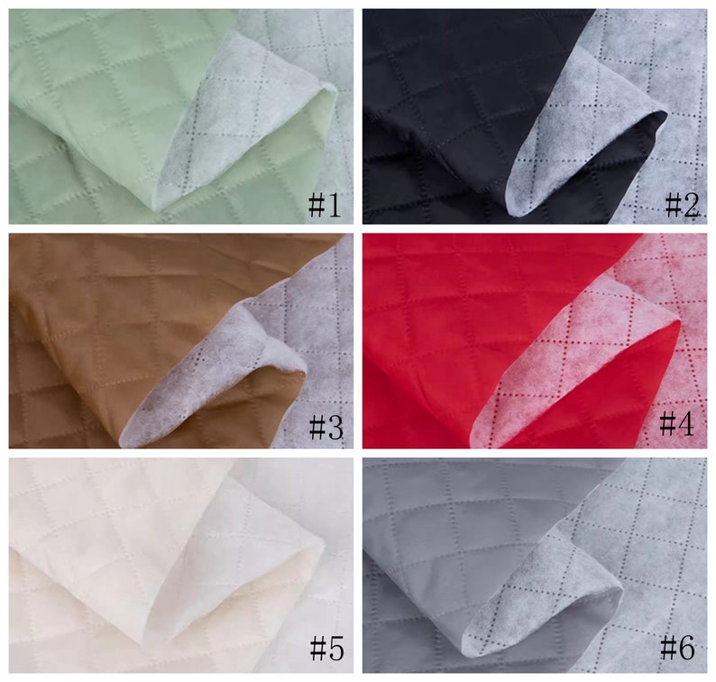 May include: Six samples of quilted fabric in different colors. The fabric is folded in half, showing the quilted pattern and the white backing. The colors are: green, black, brown, red, white, and gray. Each sample is labeled with a number from 1 to 6.