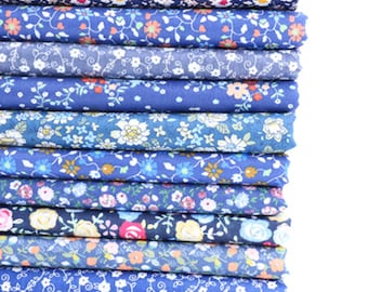 Small floral fabric, pure cotton fabric, blue series fabric by the yard