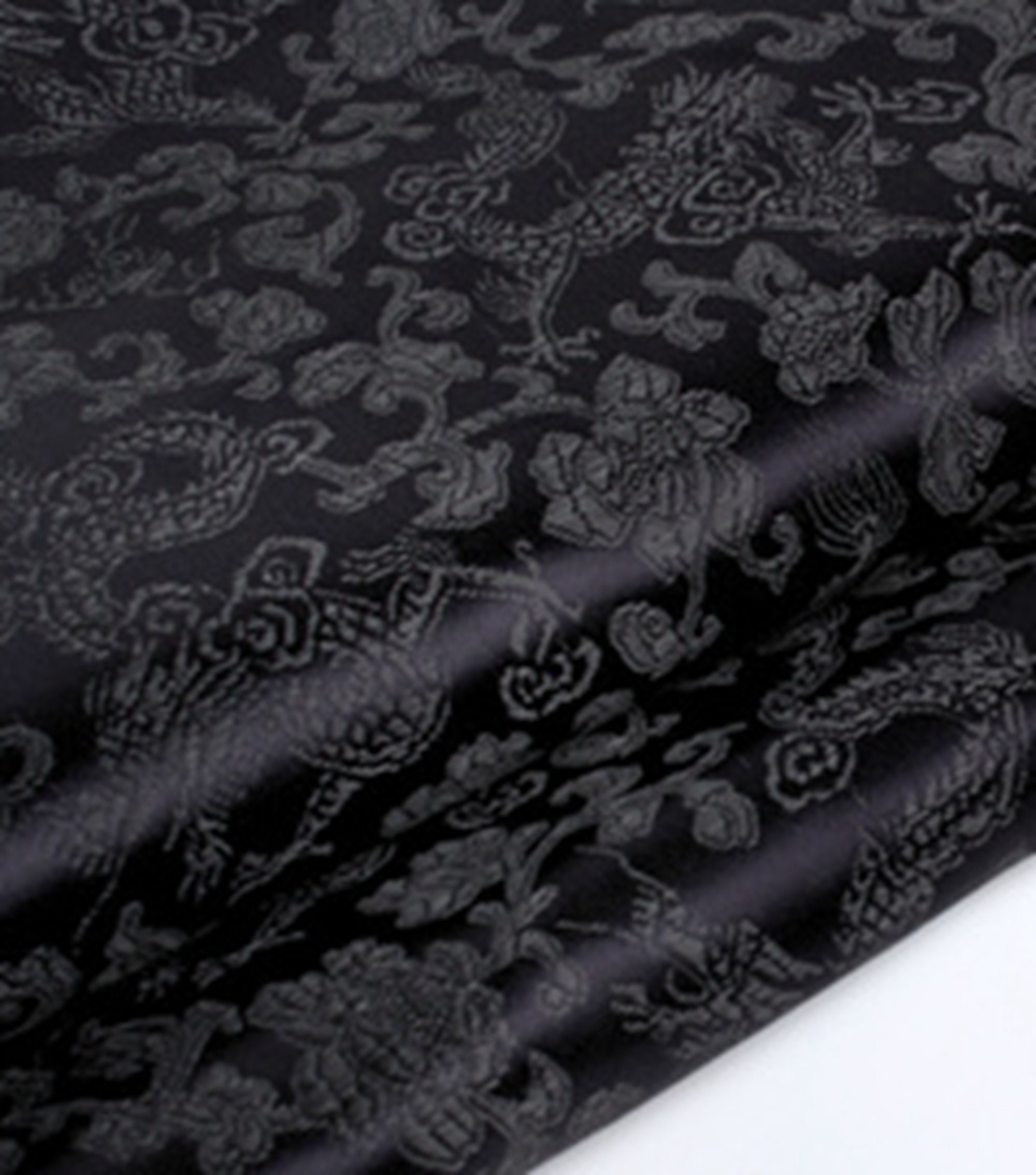 Black Color Brocade Fabric With Black Dragons Jacquard Fabric