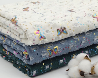 Butterfly Embroidered Denim Fabric: 100% Cotton Washed Jacquard, By The Half Yard