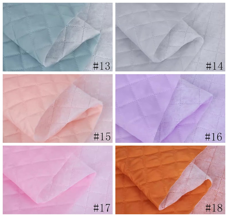 May include: Six samples of quilted fabric in different colors: light blue, white, light pink, lavender, pink, and orange. Each sample is labeled with a number from 13 to 18.