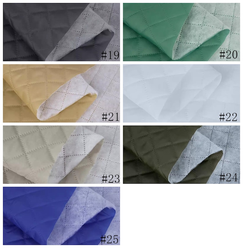 May include: Six different colors of quilted fabric swatches. The swatches are arranged in two rows of three. The colors are black, green, beige, white, olive green, and blue. Each swatch has a number printed on it, from 19 to 25.
