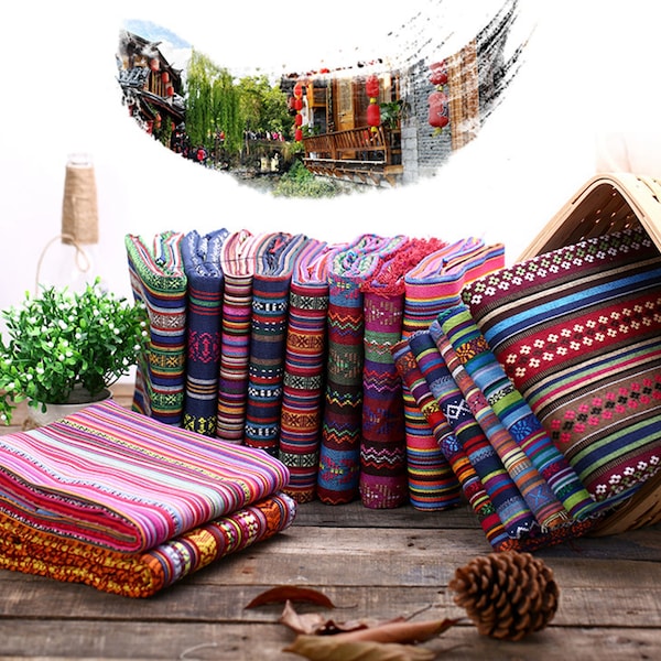 Nepal Style Colorful Jacquard Striped Pattern Gallery Cotton Fabric Cut to Length By The Yard