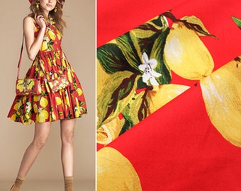 Red Cotton Fabric With Yellow Lemon Style, Baby Dress Fabric, For Summer Dress, 1/2 Yard