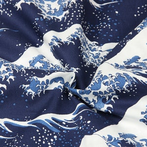 100% Cotton Fabric - Japanese Fabric -  Indigo Blue Wave -  Kanagawa - White Blue - Face Mask Fabric - 1/2 Yard