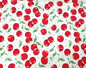 Retro Twill Printed White Green Leaf Cherry Pattern Fabric, Handmade DIY Fabric, Cotton Fabric 1/2 Yard