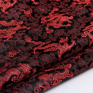 Balck color brocade fabric with red dragons - jacquard fabric - dragon style brocade fabric - cosplay dress fabric - by the half yard