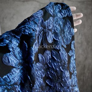 Blue Rose Jacquard Fabric: Textured Polyester Dress & Coat Material
