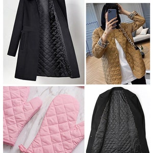 May include: A black quilted coat with a black lining and a brown quilted jacket with a white and black plaid lining. The fabric is shown in detail with a close-up of a pink quilted fabric.