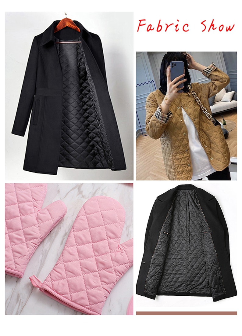May include: A black quilted coat with a black lining and a brown quilted jacket with a white and black plaid lining. The fabric is shown in detail with a close-up of a pink quilted fabric.
