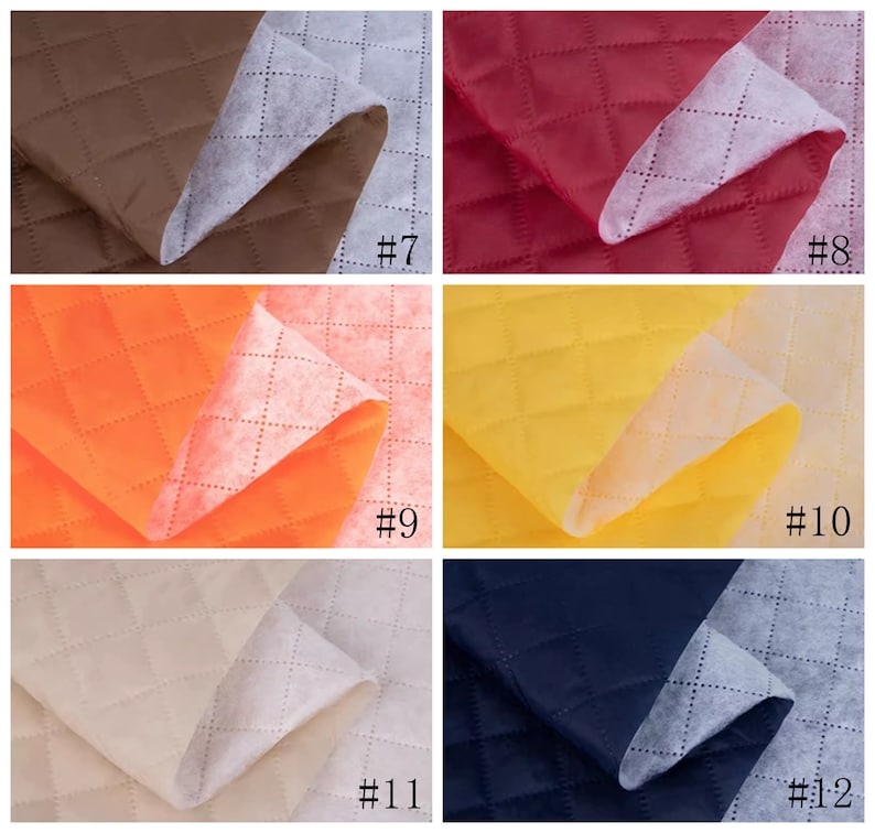 May include: Four different quilted fabrics in various colors, including brown, red, orange, yellow, beige, and navy blue. Each fabric has a diamond pattern and is shown folded with the white backing visible. The fabric samples are labeled with numbers 7, 8, 9, 10, 11, and 12.