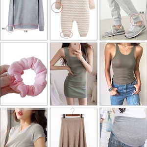 Op de afbeelding: Een verzameling kledingstukken, waaronder een grijs sweatshirt, een gestreepte baby romper, een grijze joggingbroek, een groene tanktop, een grijs t-shirt, een bruine rok en een roze haarband.