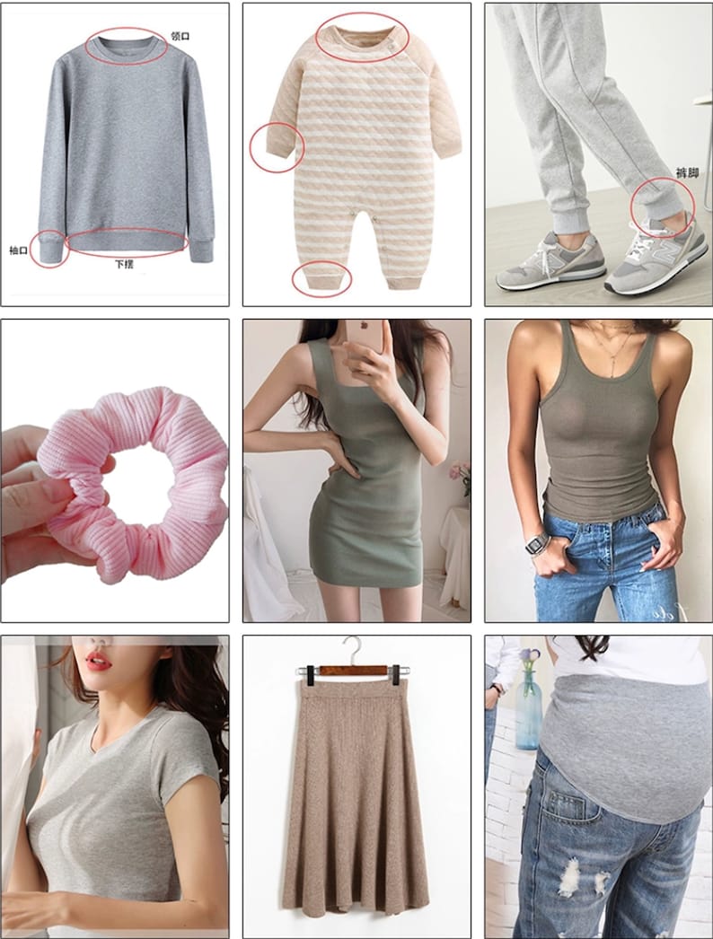 Op de afbeelding: Een verzameling kledingstukken, waaronder een grijs sweatshirt, een gestreepte baby romper, een grijze joggingbroek, een groene tanktop, een grijs t-shirt, een bruine rok en een roze haarband.