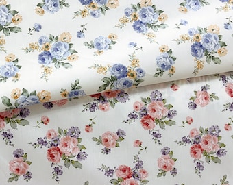 Blue and Champagne Rese Flower Cotton Fabric Cottage Chic Peony 1/2 Yard(Length) x 61 Inch(Width)