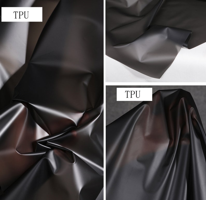May include: Close-up of a black, translucent TPU fabric. The fabric is smooth and shiny, with a slight sheen. The fabric is folded in a few places, showing its flexibility. The text "TPU" is visible in the top left corner of the image.