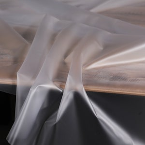 May include: A clear plastic tablecloth draped over a wooden table. The tablecloth is smooth and translucent, with a slight sheen.