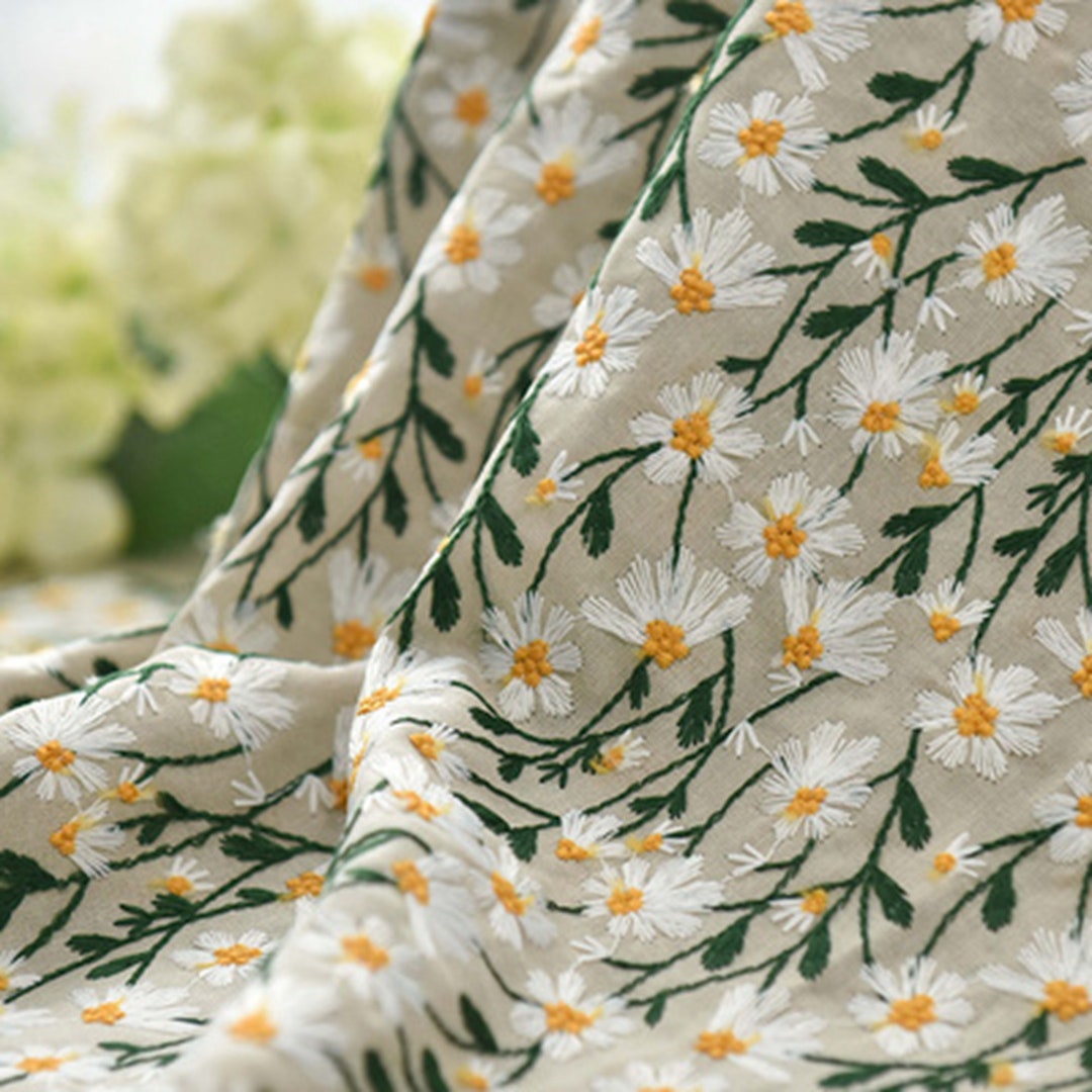 2 Colors Cotton Linen Fabric,daisy Embroidery Fabric, Dress Fabric