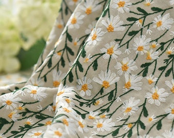 Daisy Embroidery Cotton Linen Fabric: Handmade Dress Fabric By The Yard