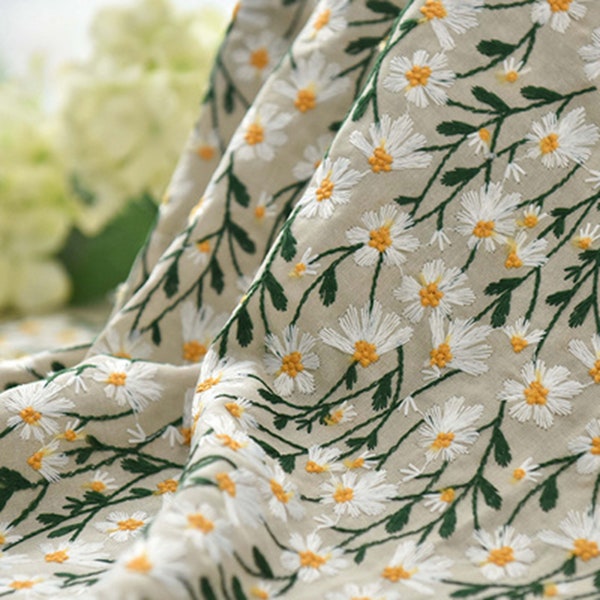 Cotton linen fabric,Daisy embroidery fabric, Dress fabric, Handmade DIY fabric, by the half yard, Colors Avaliable