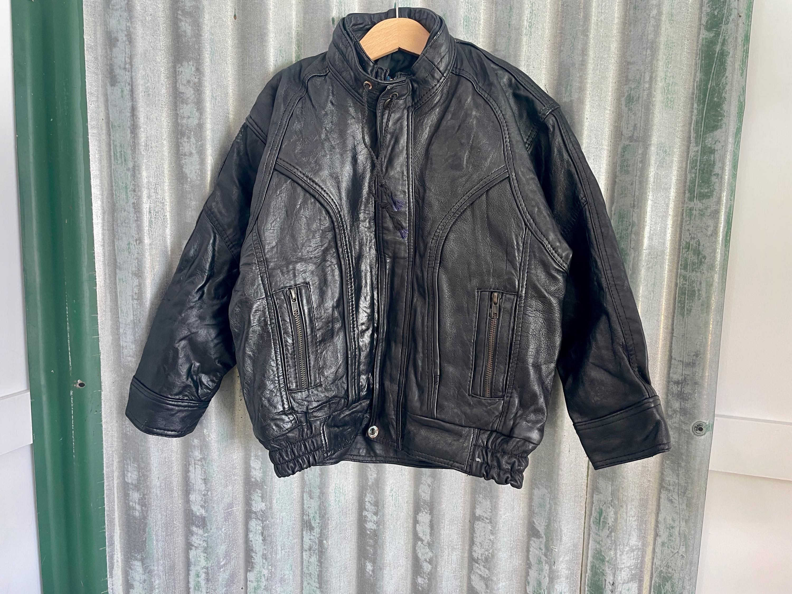 1990's Vintage Kid's Black Leather Bomber Jacket Sz Kids L - OOAK