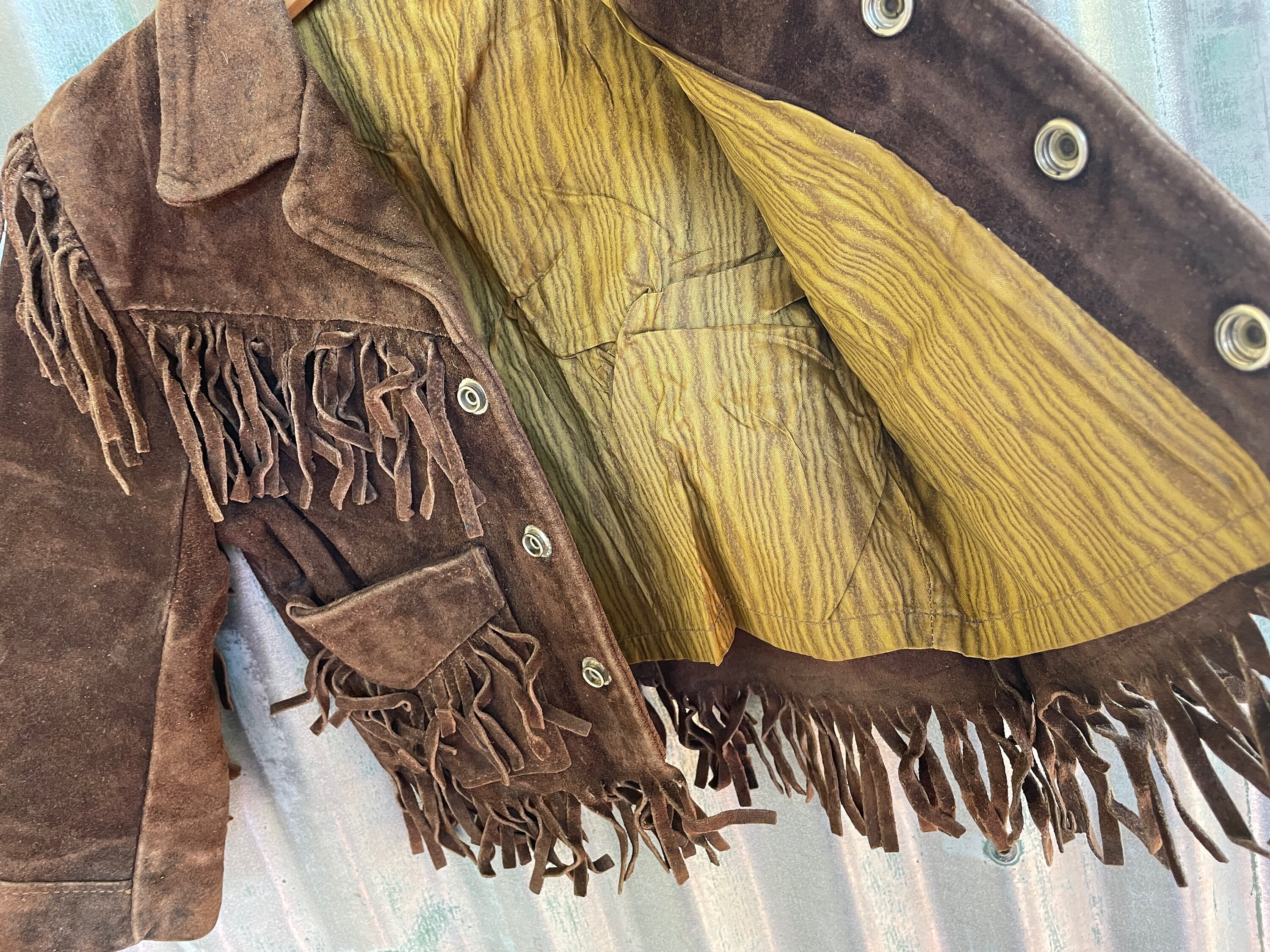 Vintage des années 1970 enfant gilet cowboy western daim marron beige franges Sz enfants L - OOAK - France