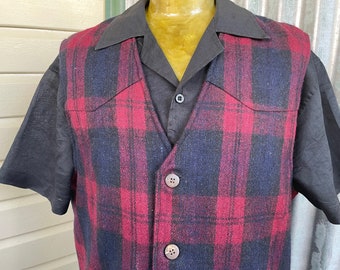 1990's Western Weste Vintage Wollmischung Rot Marine Blau Karo Gr. XL -OOAK