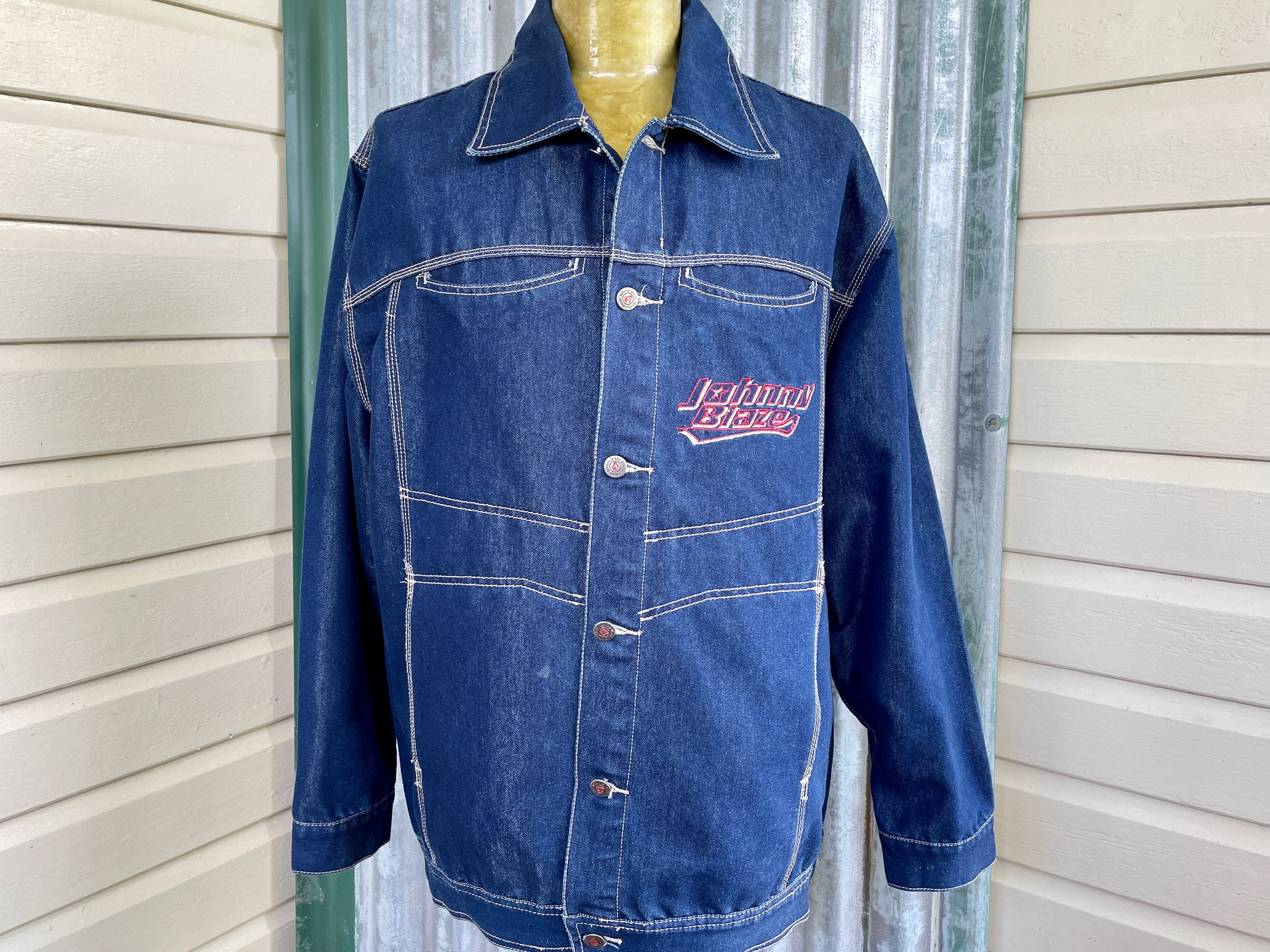 1990s vintage Blue Denim Jacket EmbroideredCobra Snake Johnny Blaze Sz XL OOAK Etsy Canada