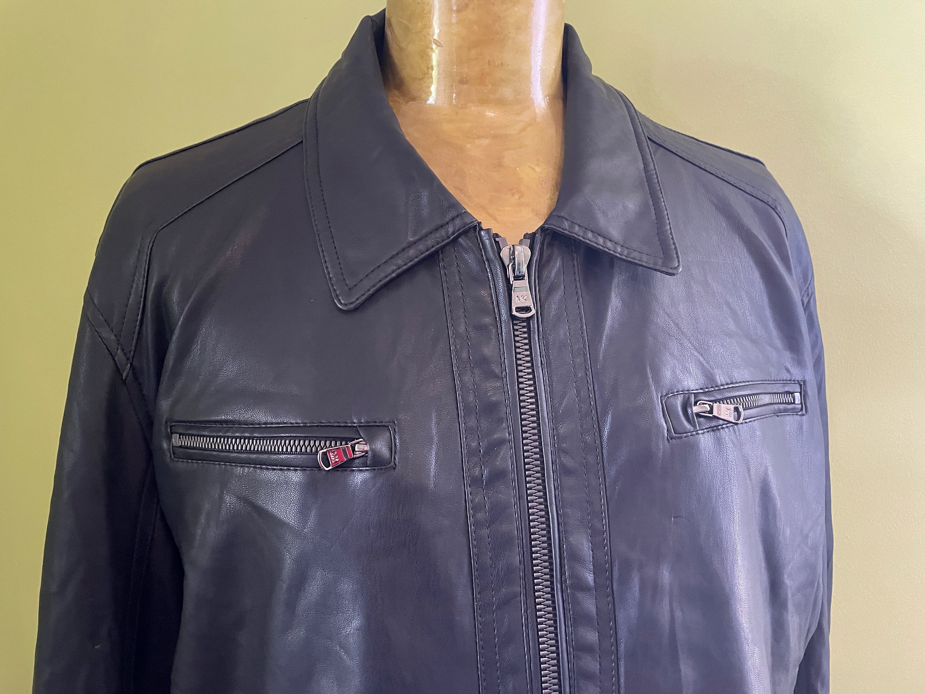 1990's Vintage Michael Kors Long Soft Black Faux Leather Jacket Sz