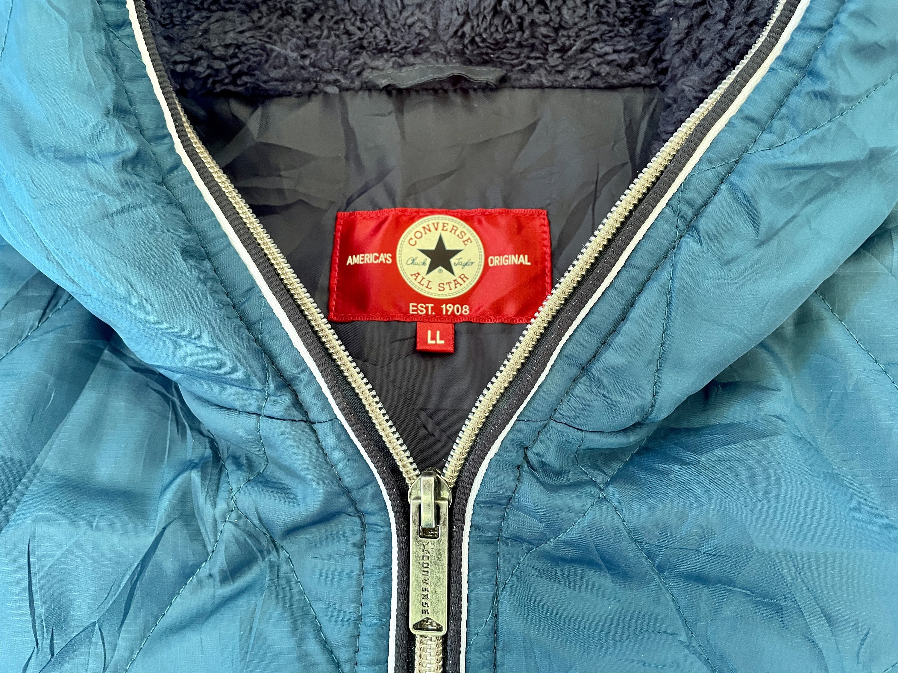 1990 s Vintage Converse Bomber Jacket Blue Quilted Hood Sz L OOAK Etsy UK