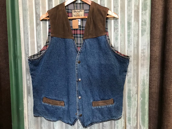 Vintage Wrangler Denim Vest Leather Detail Sz XXL