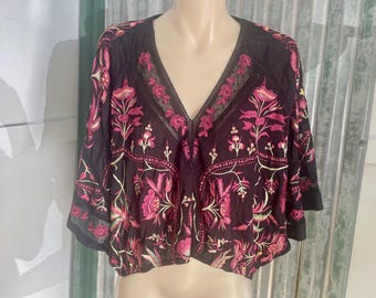 Free People Blouse Boho Black Pink Embroidered Bat Wing Sz XS - OOAK