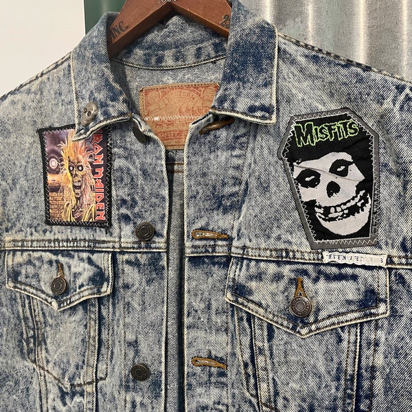1990's Vintage Stonewash Denim Vest Patches Iron Maiden Misfits Jack Daniels Sz S - OOAK
