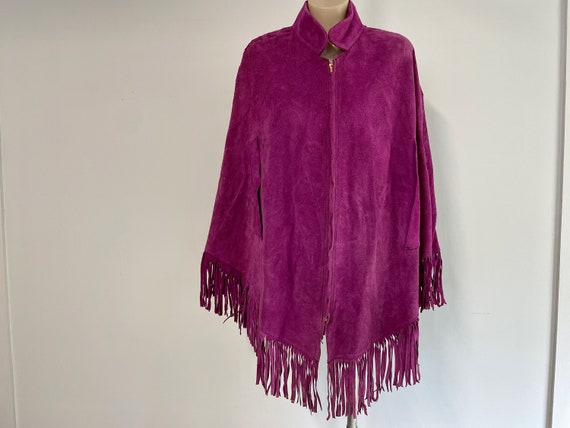 1970's Vintage Suede Poncho Fuschia Pink Fringed … - image 3