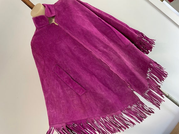 1970's Vintage Suede Poncho Fuschia Pink Fringed … - image 1